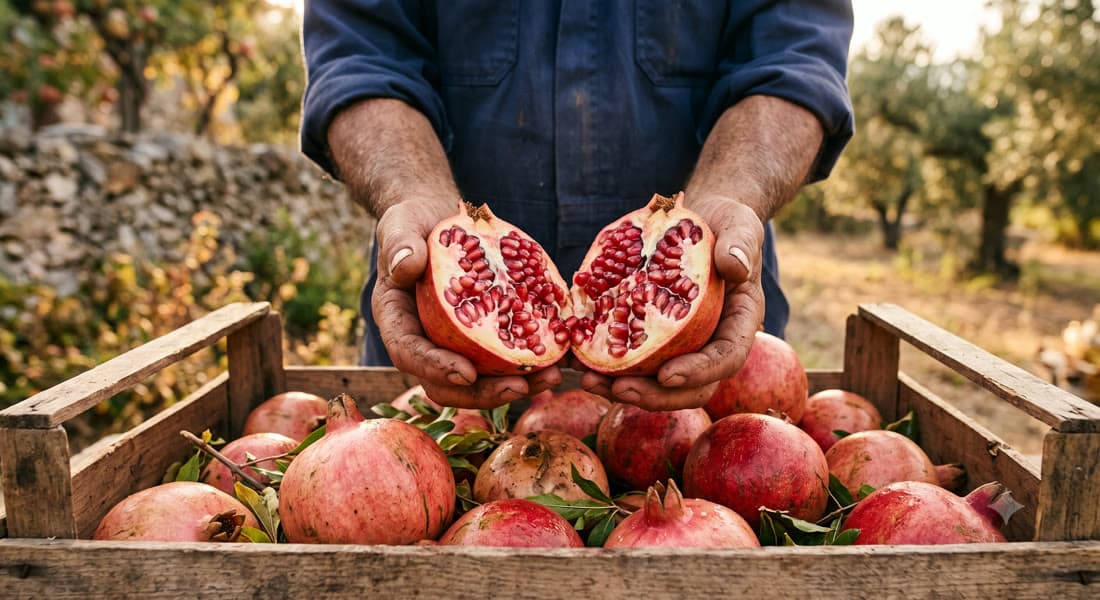 Hasat edilen narlar tahta kasada, elle seçiliyor